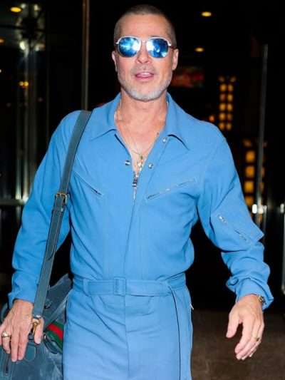 Brad Pitt F1 Movie Promo Blue Jumpsuit