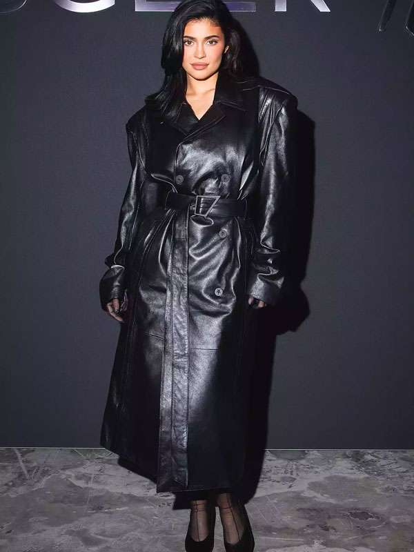 Kylie Jenner Black Leather Trench Coat