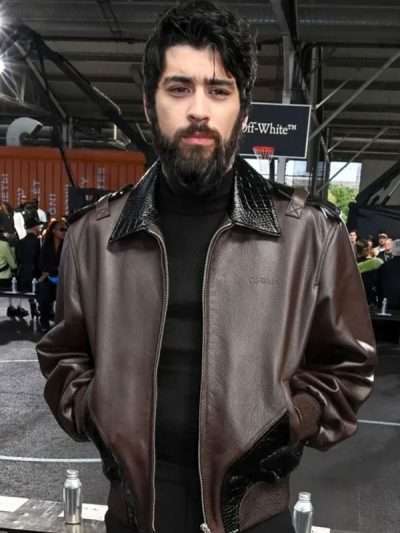 Off-White Show 2025 Zayn Malik Brown Bomber Leather Jacket