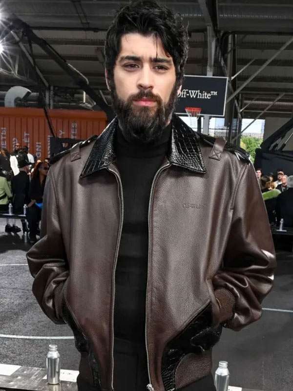Off-White Show 2025 Zayn Malik Brown Bomber Leather Jacket