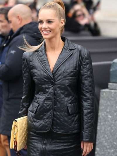 Samara Weaving PFW Black Leather Blazer Jacket