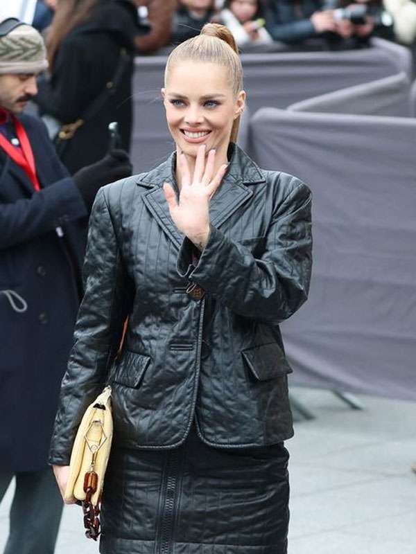 Samara Weaving PFW Black Leather Blazer