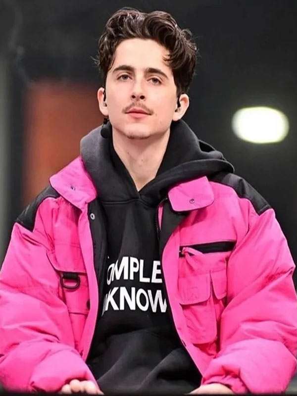 Street Style Timothee Chalamet Pink Puffer Jacket