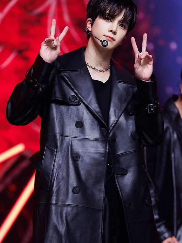 Younghoon The Boyz Black Leather Trench Coat