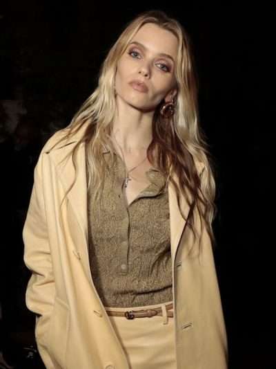 Abbey Lee Gucci Cruise 2025 Leather Coat