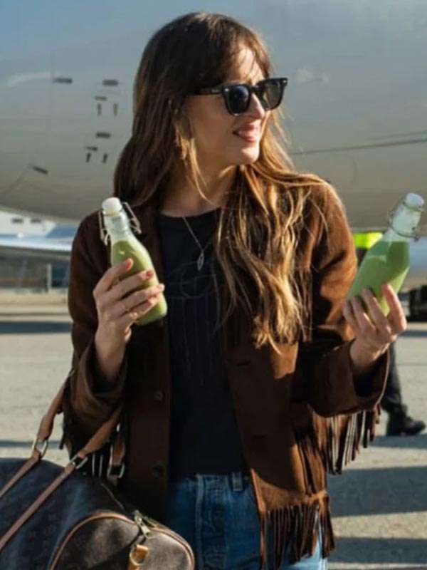 The High Note Dakota Johnson Brown Fringe Jacket