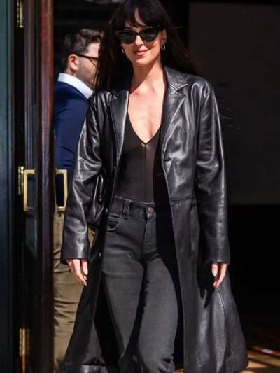 Dakota Johnson Tribeca Black Leather Coat