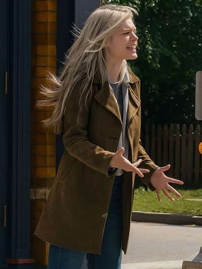 Samara Weaving Eenie Meanie 2025 Brown Leather Coat