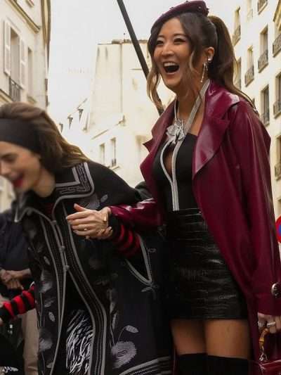 Emily in Paris S04 Mindy Chen Burgundy Leather Coat