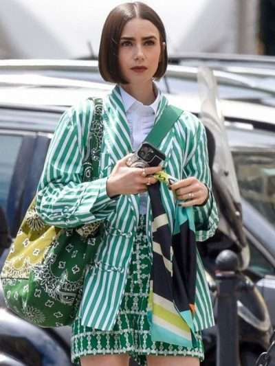Lily Collins Emily in Paris Green Strip Blazer