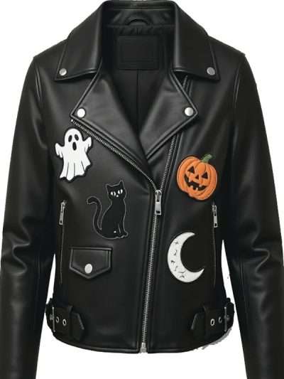 Halloween Patches Black Leather Jacket