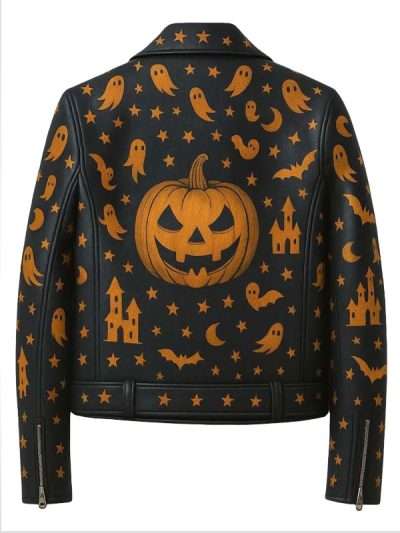 Halloween Ghost & Pumpkin Print Black Biker Leather Jacket