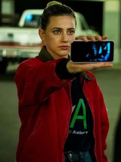 American Sweatshop 2025 Lili Reinhart Red Bomber Jacket