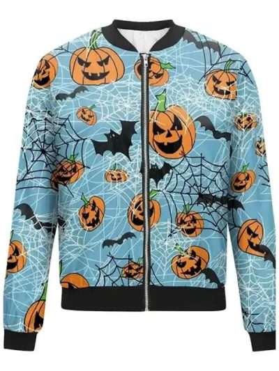 Halloween Pumpkins Blue Bomber Jacket