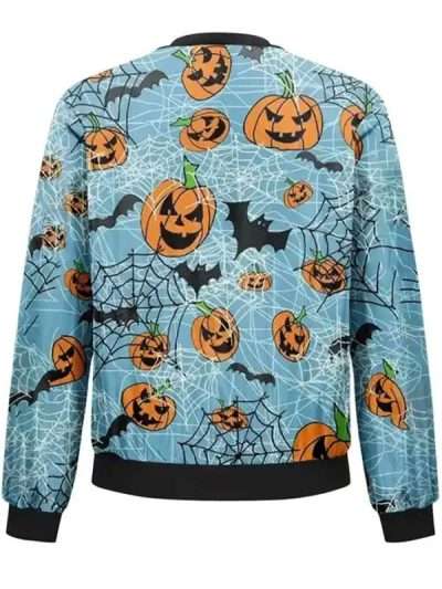 Pumpkins Halloween Printed Blue Bomber Jacket