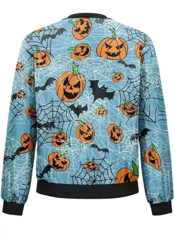 Pumpkins Halloween Printed Blue Bomber Jacket