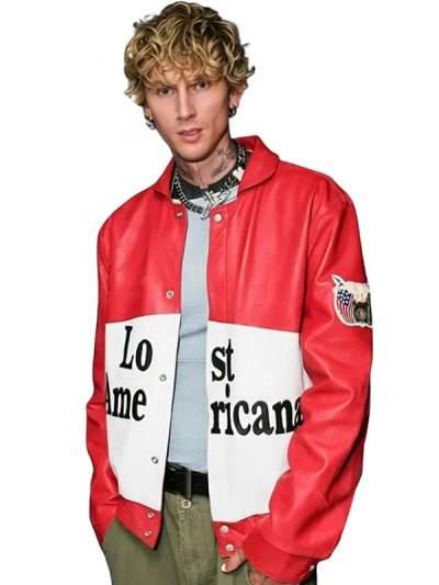 The Tonight Show 2025 Machine Gun Kelly Lost Americana Red and White Leather Jacket