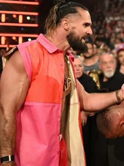 WWE RAW 2025 Seth Rollins Pink and Red Leather Vest