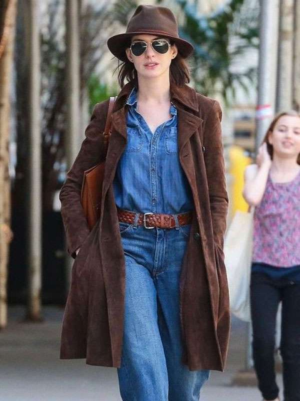 Anne Hathaway Anspacher Theater Brown Suede Leather Coat