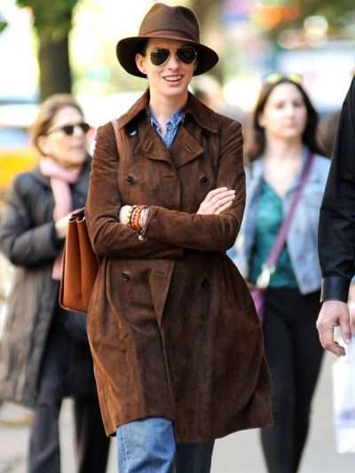 Anne Hathaway Brown Suede Leather Coat