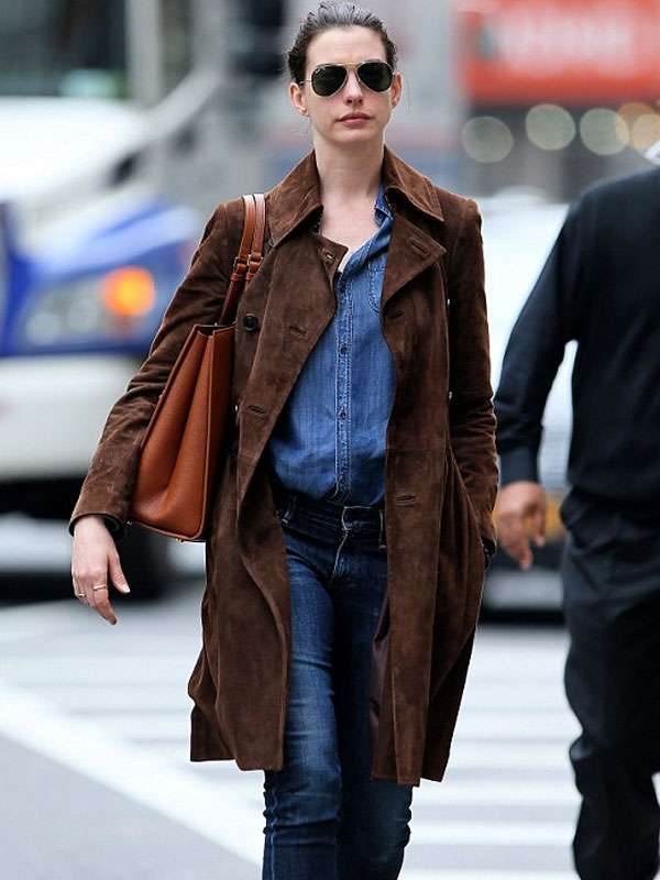 Anne Hathaway Anspacher Theater Brown Leather Coat