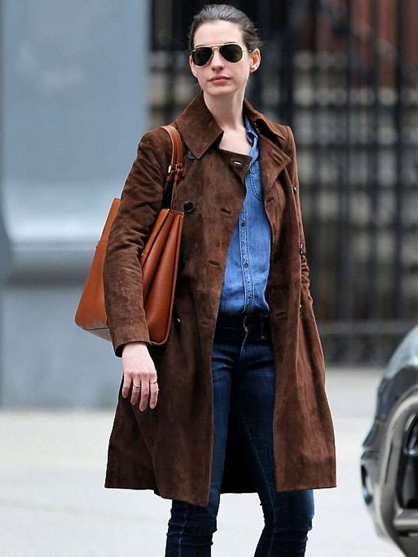 Anne Hathaway Brown Suede Leather Coat