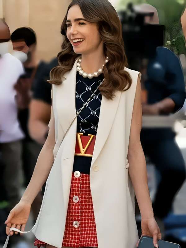 Lily Collins Emily in Paris White Vest