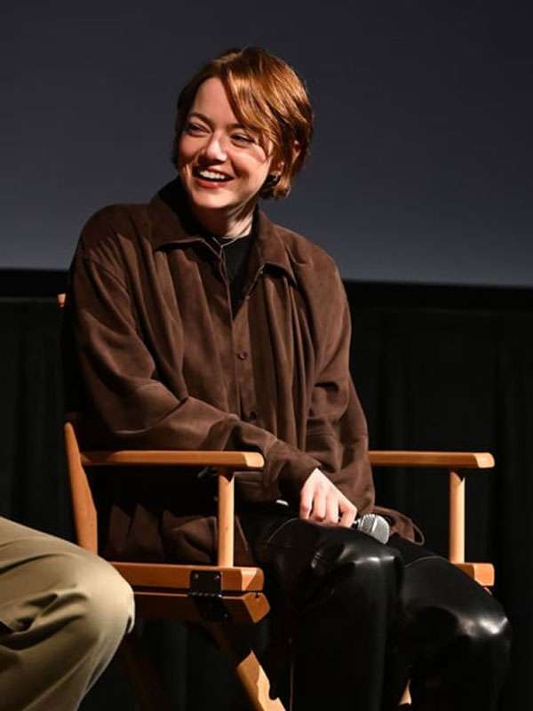 Emma Stone Telluride Film Festival Brown Suede Leather Shirt