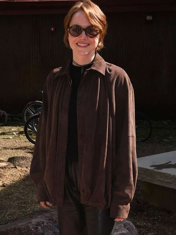 Emma Stone Bugonia Brown Suede Shirt
