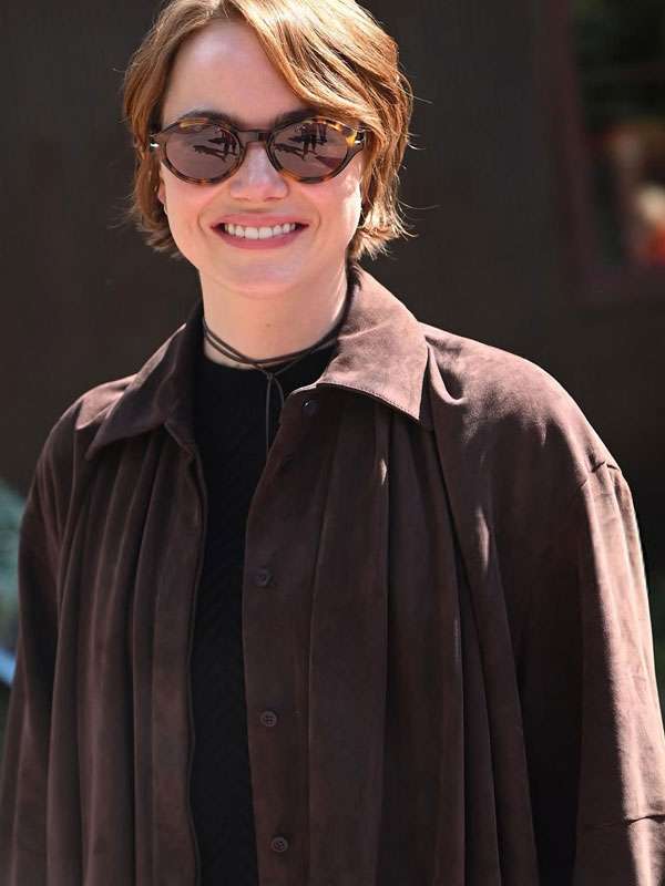 Emma Stone Telluride Film Festival 2025 Brown Suede Leather Shirt