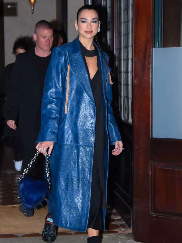 Dua Lipa Blue Leather Trench Coat