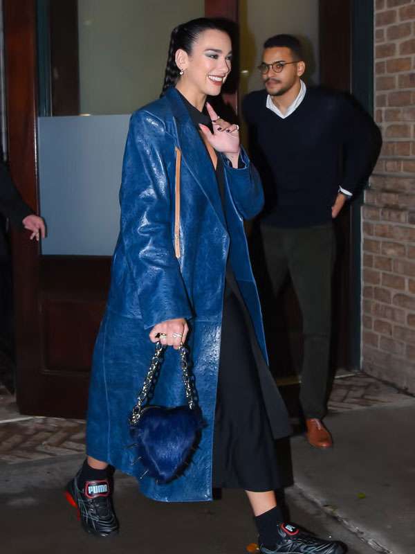 Footwear News Achievement Awards 2025 Dua Lipa Blue Coat