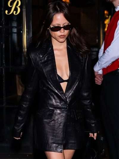 NYC 2025 Crocodile Embossed Jenna Ortega Black Leather Jacket