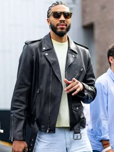 2025 Jayson Tatum Black Biker Leather Jacket