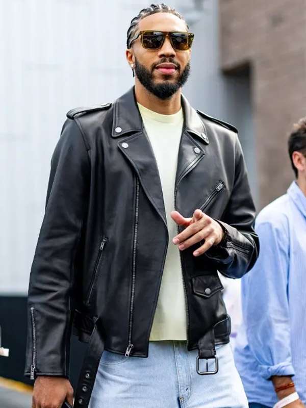 2025 Jayson Tatum Black Biker Leather Jacket