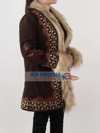 A Complete Unknown Elle Fanning Brown Suede Leather Coat