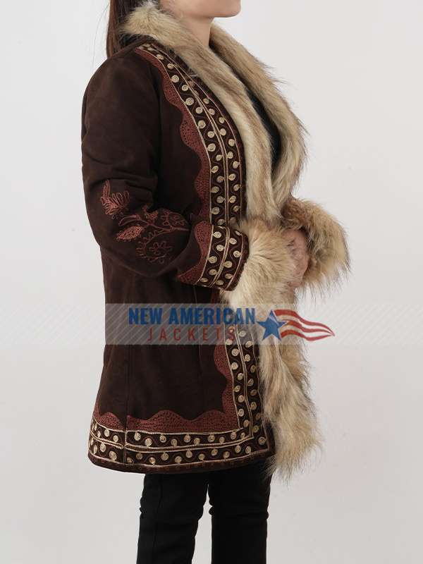A Complete Unknown Elle Fanning Brown Suede Leather Coat