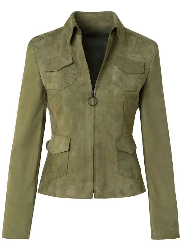 Elsbeth 2025 Amy Sedaris Green Suede Leather Jacket