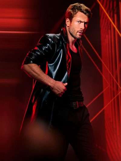 Glen Powell The Running Man 2025 Black Leather Coat