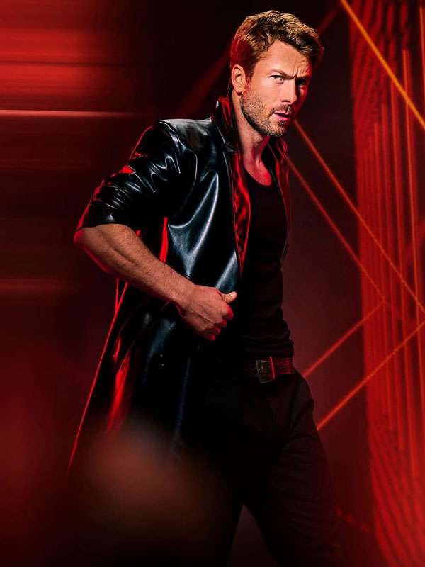 Glen Powell The Running Man 2025 Black Leather Coat