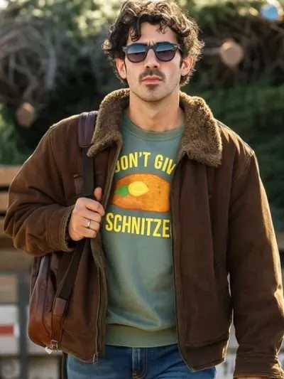 A Very Jonas Christmas Movie 2025 Joe Jonas Brown Suede Leather Jacket
