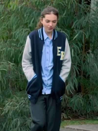 Neighbours Scarlett Anderson Blue and Grey Varsity Jacket