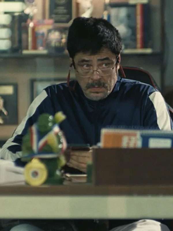 One Battle After Another Benicio del Toro Blue Track Jacket