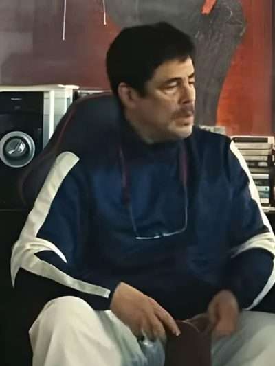 Movie One Battle After Another Benicio del Toro Blue Jacket