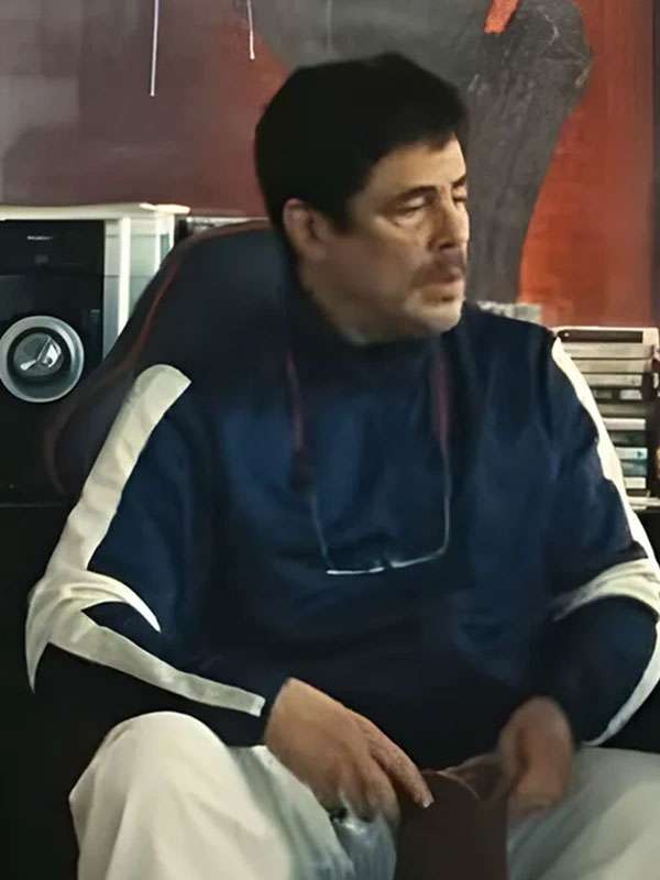 Movie One Battle After Another Benicio del Toro Blue Jacket