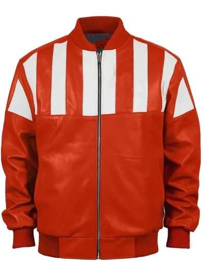 Vintage Red and White Striped Leather Bomber Jacket