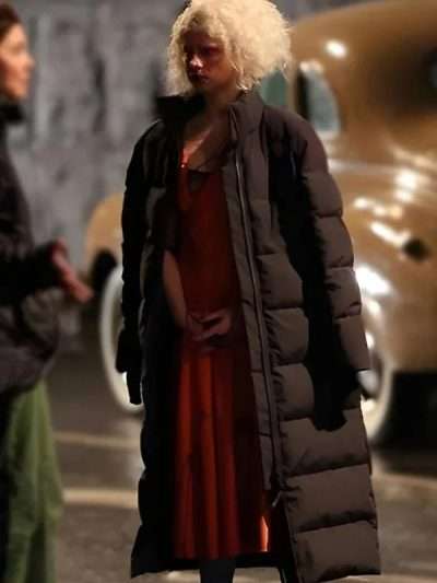Jessie Buckley The Bride 2026 Black Puffer Coat