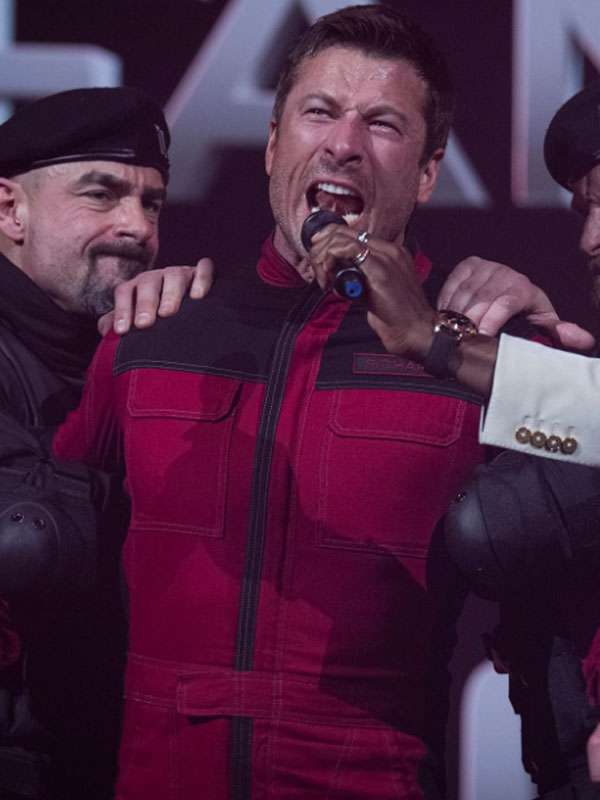 The Running Man 2025 Glen Powell Red and Black Cotton Jacket