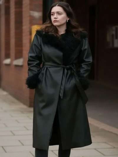 Daddy Issues 2025 Aimee Lou Wood Black Fur Trim Leather Coat