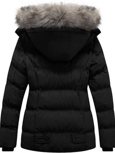 Quilted Black Warm Winter Puffer Jacket with Removable Fur Hood